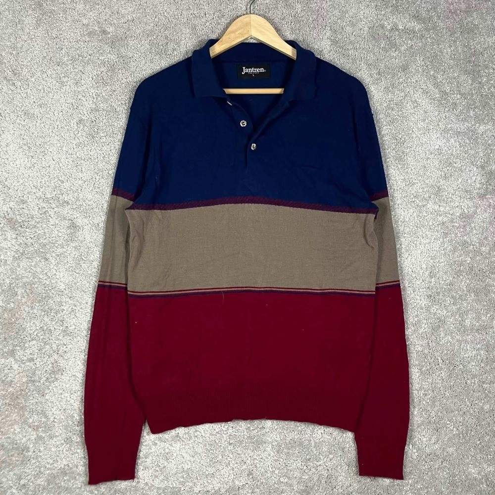 Vintage 80s Jantzen Mens Long Sleeve Knit Polo Shirt Large Blue Red Colorblock